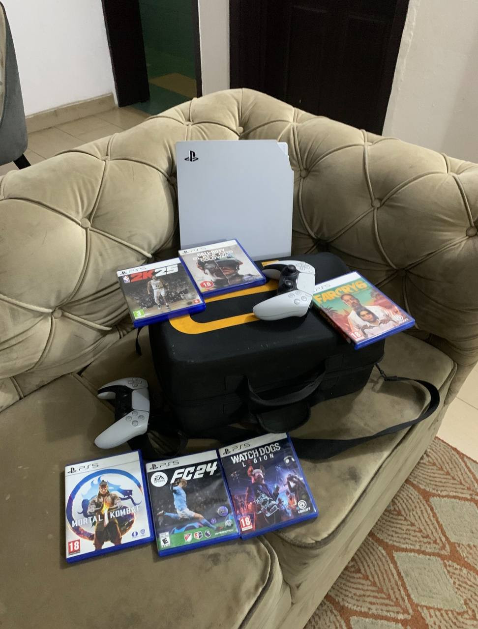 V.Clean 1Tb PlayStation 5 With Two Controllers and 6 different Game Cd With little Edge Cut For-Sale [ Product Code >> 0367 ]